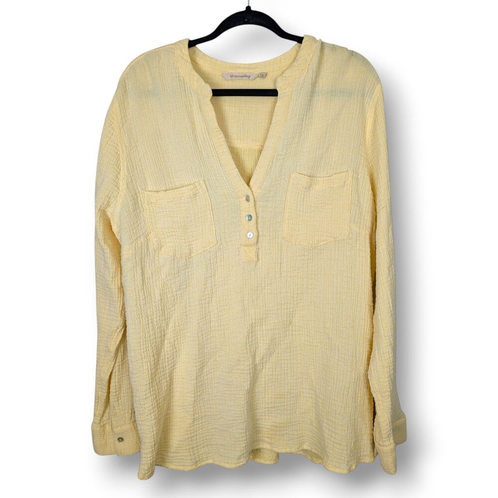 Soft Surroundings Gauze Henley Top Womens 2X Yellow Cotton Long Sleeve Beach